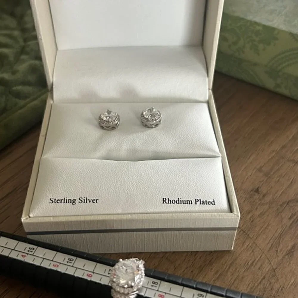 Sterling  Silver Diamonique  Halo Solitaire RING 7 and EARRINGS Set